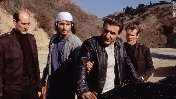 Robert Rodriguez (center left) and David Arquette (center right) on the set of the grindhouse cinema homage "Roadracers."