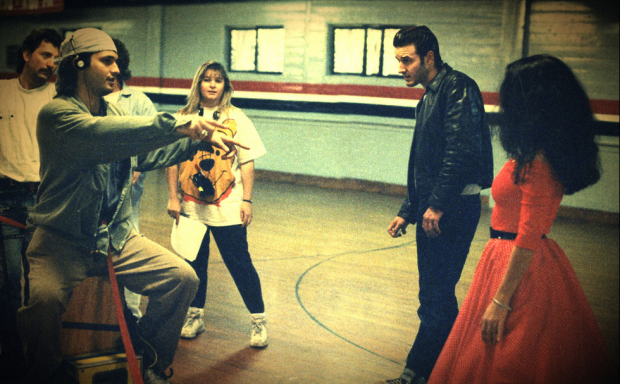 Robert Rodriguez directing David Arquette and Salma Hayek on the set of the film "Roadracers" shoot in only 13 days (1994).